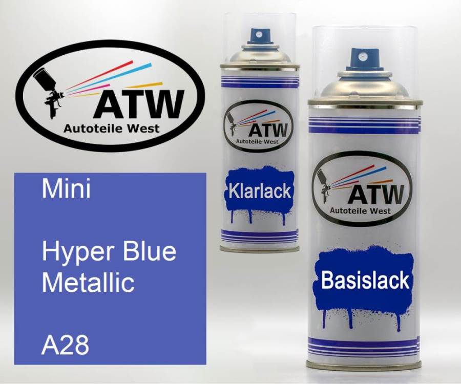 Mini, Hyper Blue Metallic, A28: 400ml Sprühdose + 400ml Klarlack - Set, von ATW Autoteile West.